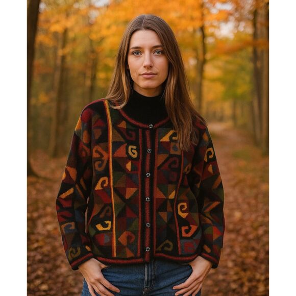 Artesanias Illary Baby Alpaca Cardigan Womens Size M Colorful Abstract Sweater - Picture 1 of 13